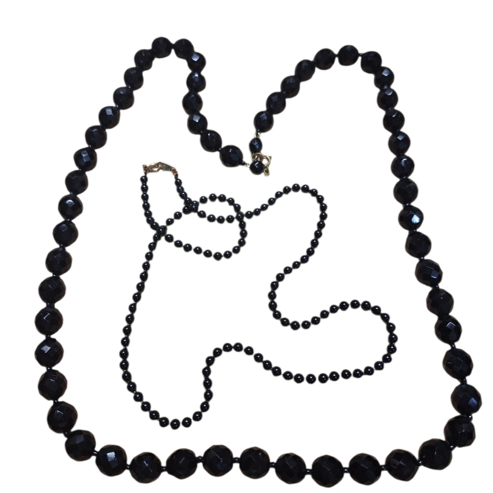 Art Deco Jet Black Glass Bead Graduated Necklace Vintage Pair Gothic Classic LUX